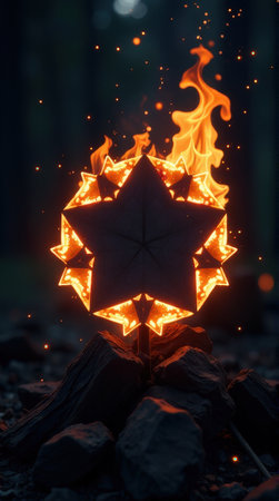 Glowing fiery ember with illuminated flames in dark setting.の素材