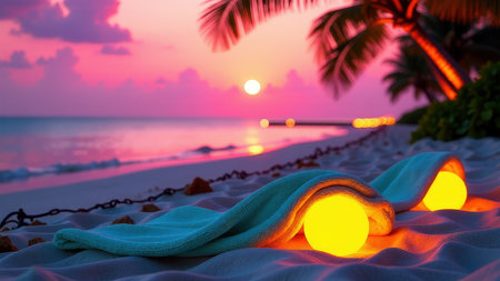 Serene tropical sunset on beach with glowing orbs and palm trees.の素材