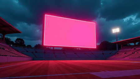Empty stadium with vibrant neon pink screen under dramatic sky.の素材