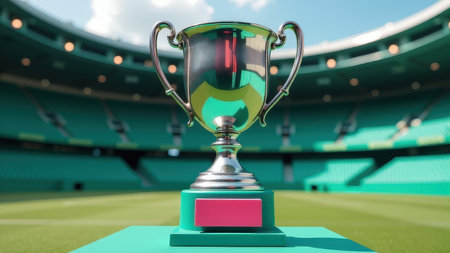 Silver trophy on green pedestal in empty stadium.の素材