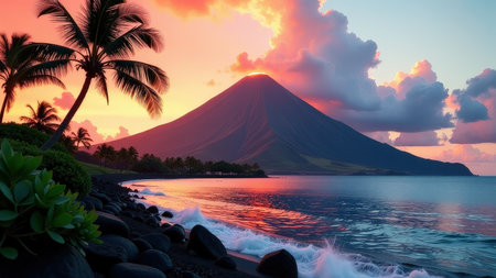 Majestic volcano at sunset with vibrant sky and palms on tranquil beach.の素材