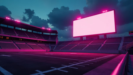 Empty stadium at dusk with illuminated pink screen under cloudy sky.の素材
