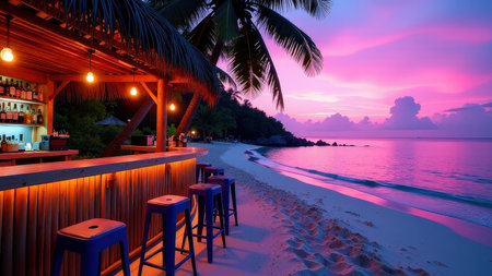 Sunset beach bar with palm trees and vibrant sky on tropical island.の素材