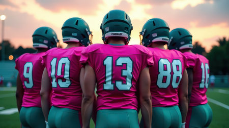 Young male football team in pink jerseys preparing for game at sunset.の素材