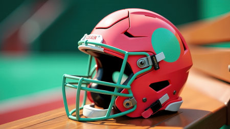 Red and green football helmet on wooden bench in sunlit sports stadium.の素材