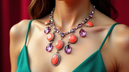 Elegant jewelry on female model featuring gemstone necklace and green dress.の素材