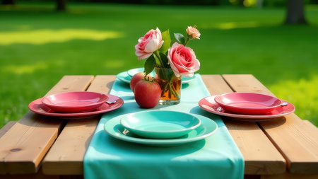Vibrant outdoor dining table with roses, apples, and colorful plates in a lush garden setting.の素材