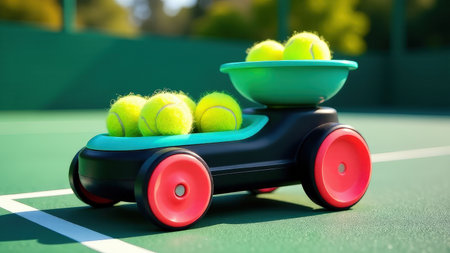 Bright tennis ball collector cart on court with neon wheels and green basket.の素材
