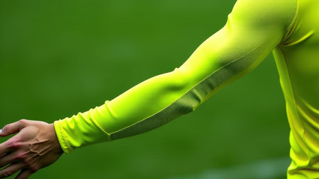 Bright neon yellow long-sleeve athletic wear on green background.の素材