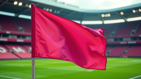 Red flag waving in empty stadium on cloudy day.の素材