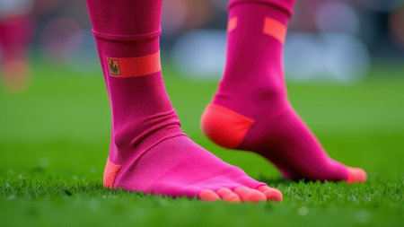 Close-up of athletic feet in vibrant pink socks on green grass field.の素材