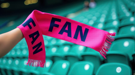Pink fan scarf held in empty stadium seats.の素材