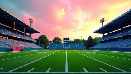 Vibrant sunset over empty football stadium with green field and dramatic sky.の素材