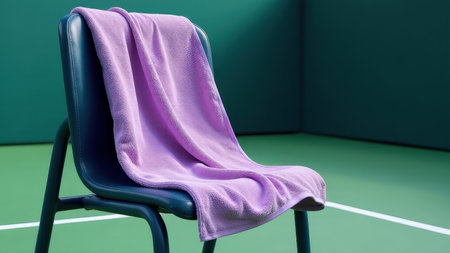 Purple towel draped over blue chair on indoor tennis court.の素材