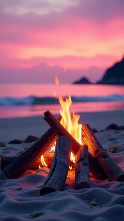 Tranquil beach sunset with crackling bonfire and vibrant sky.の素材