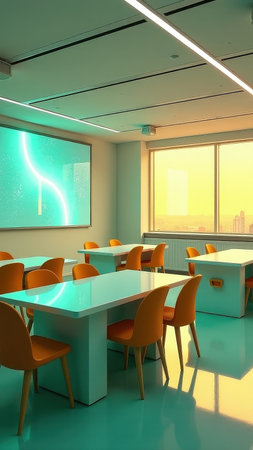 Modern classroom with neon lights and orange chairs in sunlit room.の素材