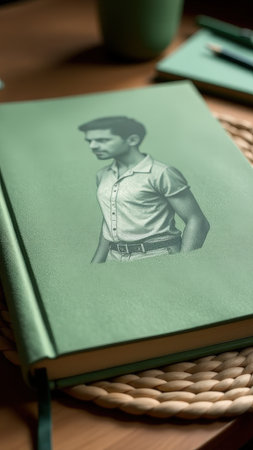 Green journal with engraved portrait of young caucasian male.の素材