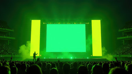 Concert stage with bright green lights and large audience in arena.の素材