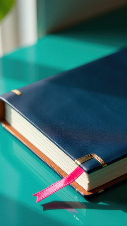 Closed blue leather notebook with pink ribbon on a green surface.の素材