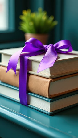 Stack of books with purple ribbon on table near window and plant.の素材