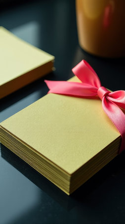 Golden stationery set with pink ribbon on dark surface.の素材