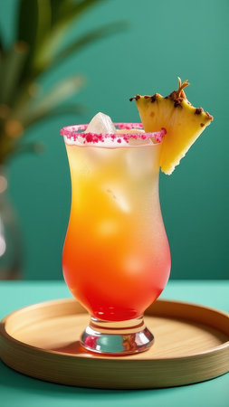 Vibrant tropical cocktail with pineapple garnish on bamboo tray.の素材
