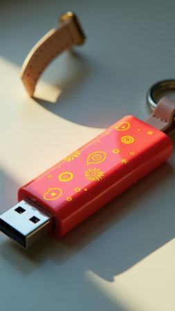 Bright red usb flash drive with yellow patterns and keychain attachment on desk.の素材