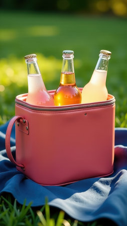 Chilled bottled beverages in pink cooler on grass during sunny picnic.の素材
