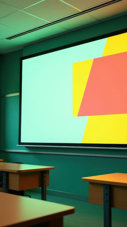 Empty classroom with bright presentation screen and wooden desks.の素材
