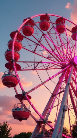 Illuminated ferris wheel at sunset with pink light against colorful sky.の素材