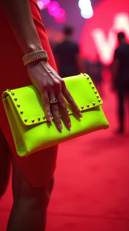 Female hand holding neon green clutch on red carpet.の素材