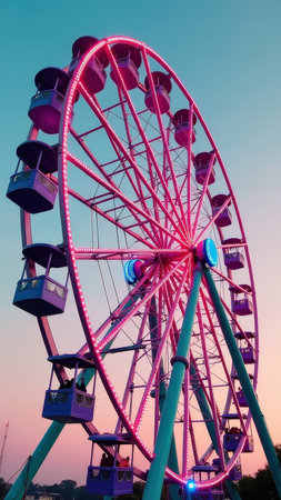 Vibrant ferris wheel at sunset with illuminated pink lighting against colorful sky.の素材
