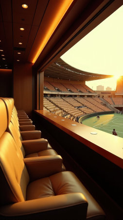 Luxury sports arena seating with sunset view overlooking tennis court.の素材