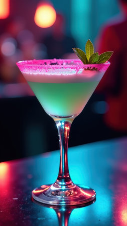 Neon-lit cocktail with mint garnish in vibrant bar setting.の素材