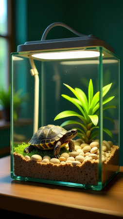 Turtle in glass terrarium with artificial plant and led light on wooden table.の素材