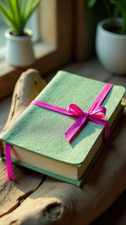 Green journal with pink ribbon on wooden table near window and plants.の素材