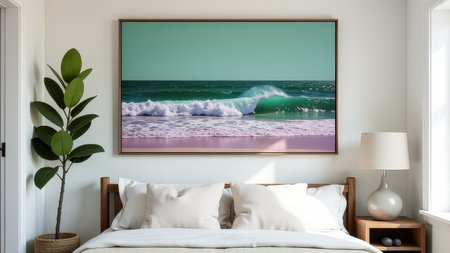 Coastal bedroom: tranquil ocean wave art in modern interior design with plant and white lamp.の素材