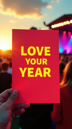 Motivational message at outdoor concert with sunset in background.の素材