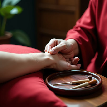 Asian female adult receiving traditional pulse diagnosis in natural setting.の素材