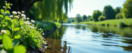 Tranquil riverside scene with greenery and reflective water in sunny park setting.の素材