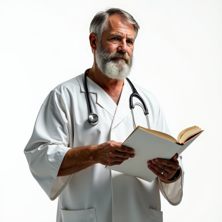 Mature caucasian male doctor with beard reading a book and holding stethoscope.の素材