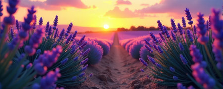 Lavender fields at sunset: stunning vibrant landscape with purple blooms and golden sky.の素材