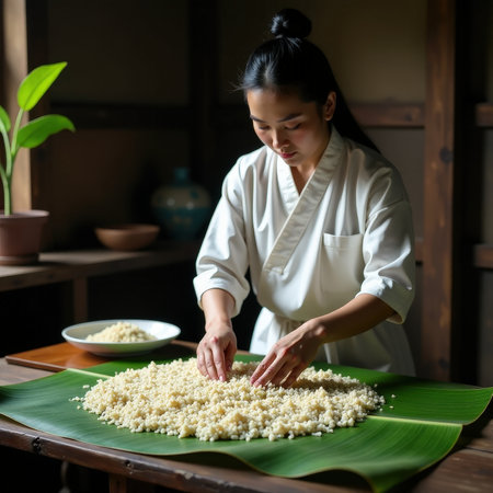 Asian young female chef preparing traditional rice dish on banana leaf in rustic kitchen.の素材