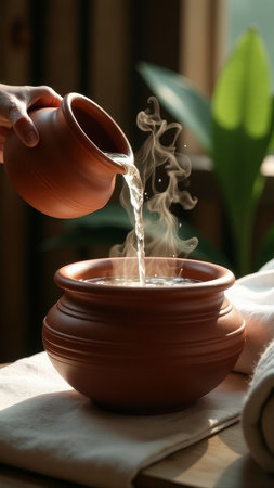 Steaming water poured into clay pot by adult hand with sunlit greenery.の素材