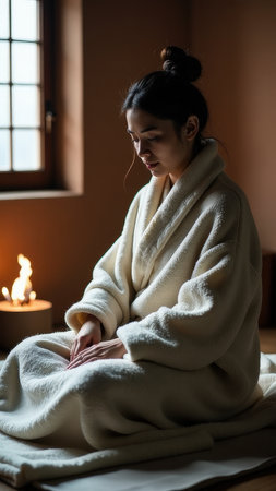 Asian female relaxing in cozy spa setting with candlelight meditation.の素材