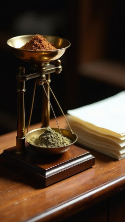 Antique balance scale with spices and papers on wooden table in vintage setting.の素材