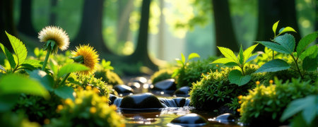 Serene forest stream with sunlit dandelions and lush greenery.の素材