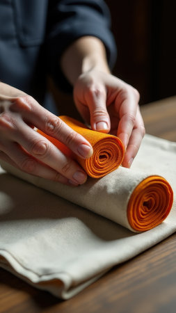 Hands folding orange and beige fabric rolls on wooden table.の素材