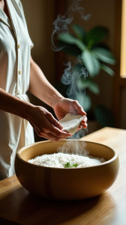 Caucasian female preparing steaming rice in wooden bowl.の素材