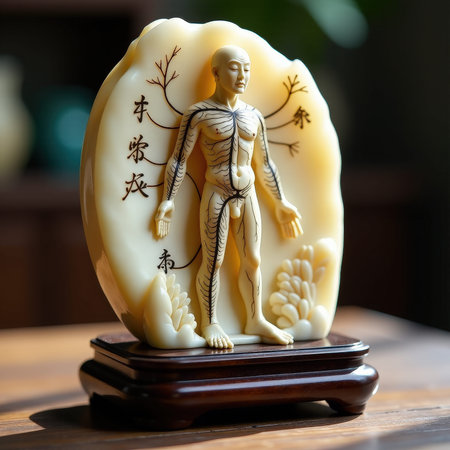 Figurine of male acupuncture model with oriental symbols on wooden stand.の素材